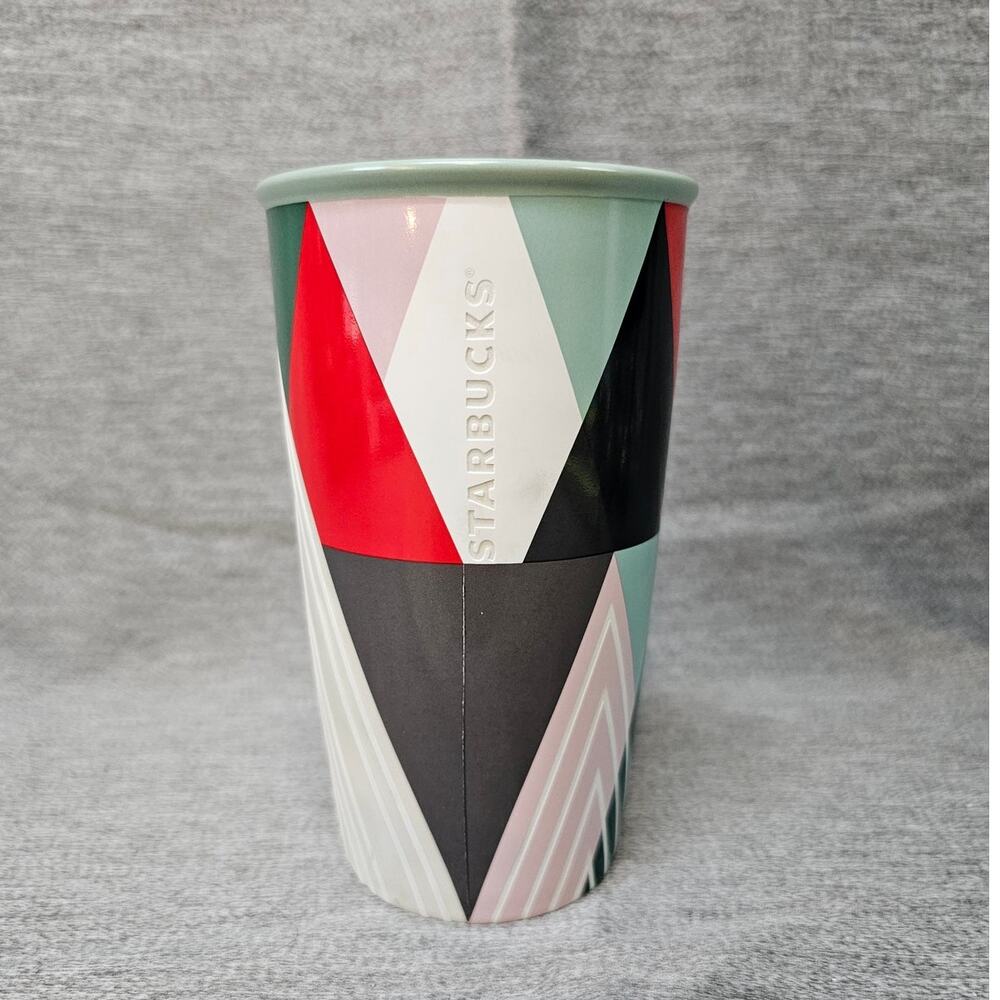 Starbucks Coffee 12oz Travel Mug Cup 2017 Holiday Geometric Trees Ceramic No Lid
